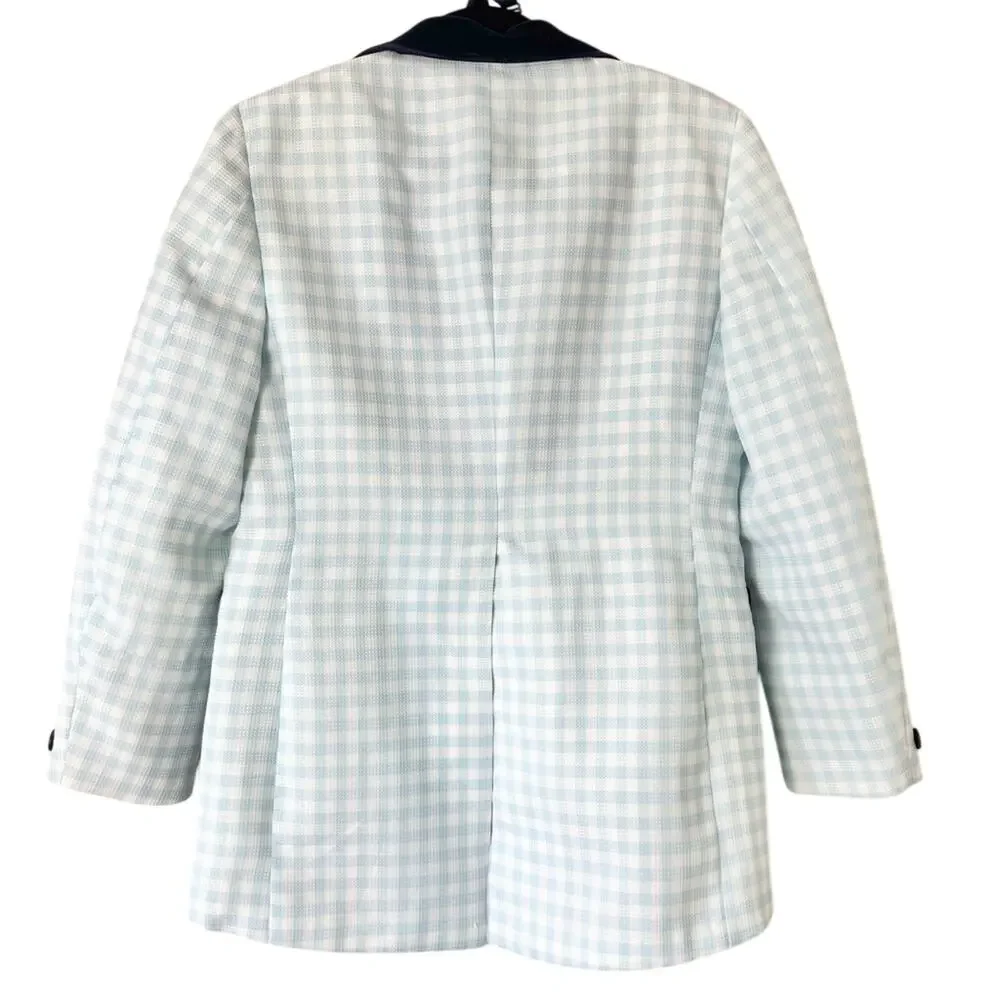 Vintage 60s Men's Blue Gingham Checkered Blazer with Bow Tie Size 38 Short